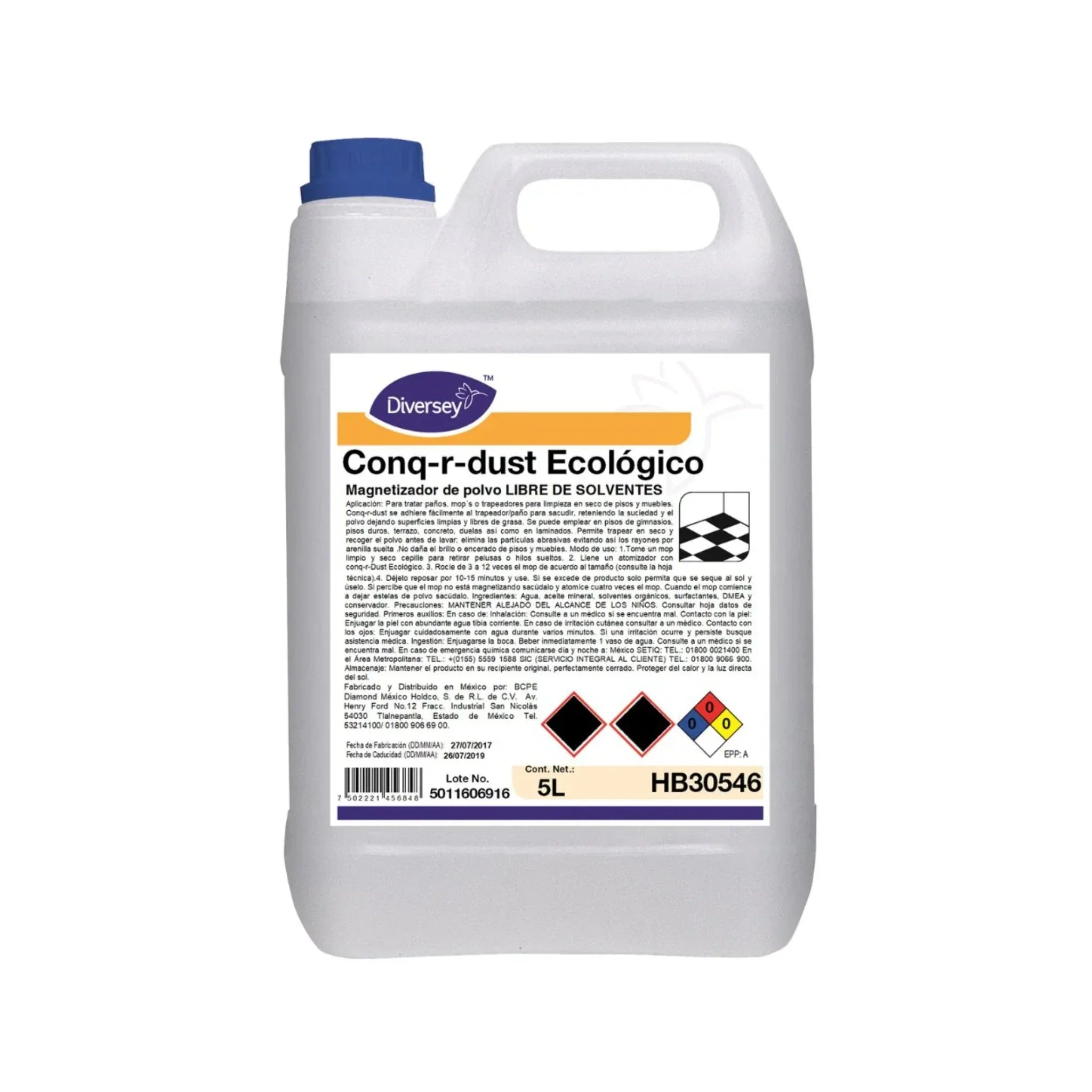 Envase de 5 litros del magnetizador de polvo ecológico Conq-r-dust de Diversey.