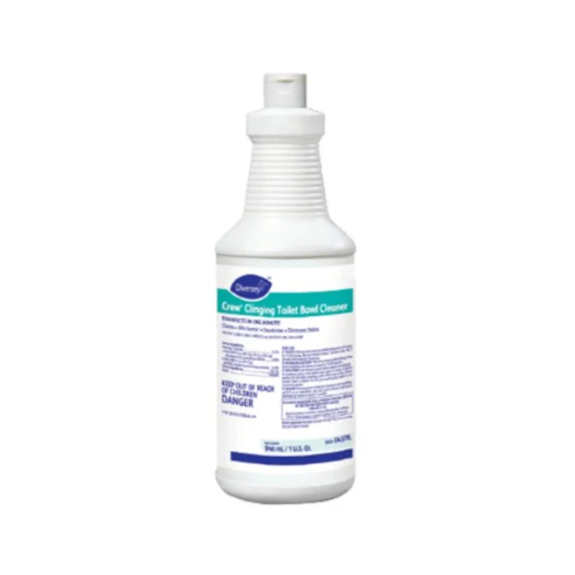 Botella de 32oz del limpiador desinfectante para inodoros Crew Clinging TBC, con su característico cuello angulado.