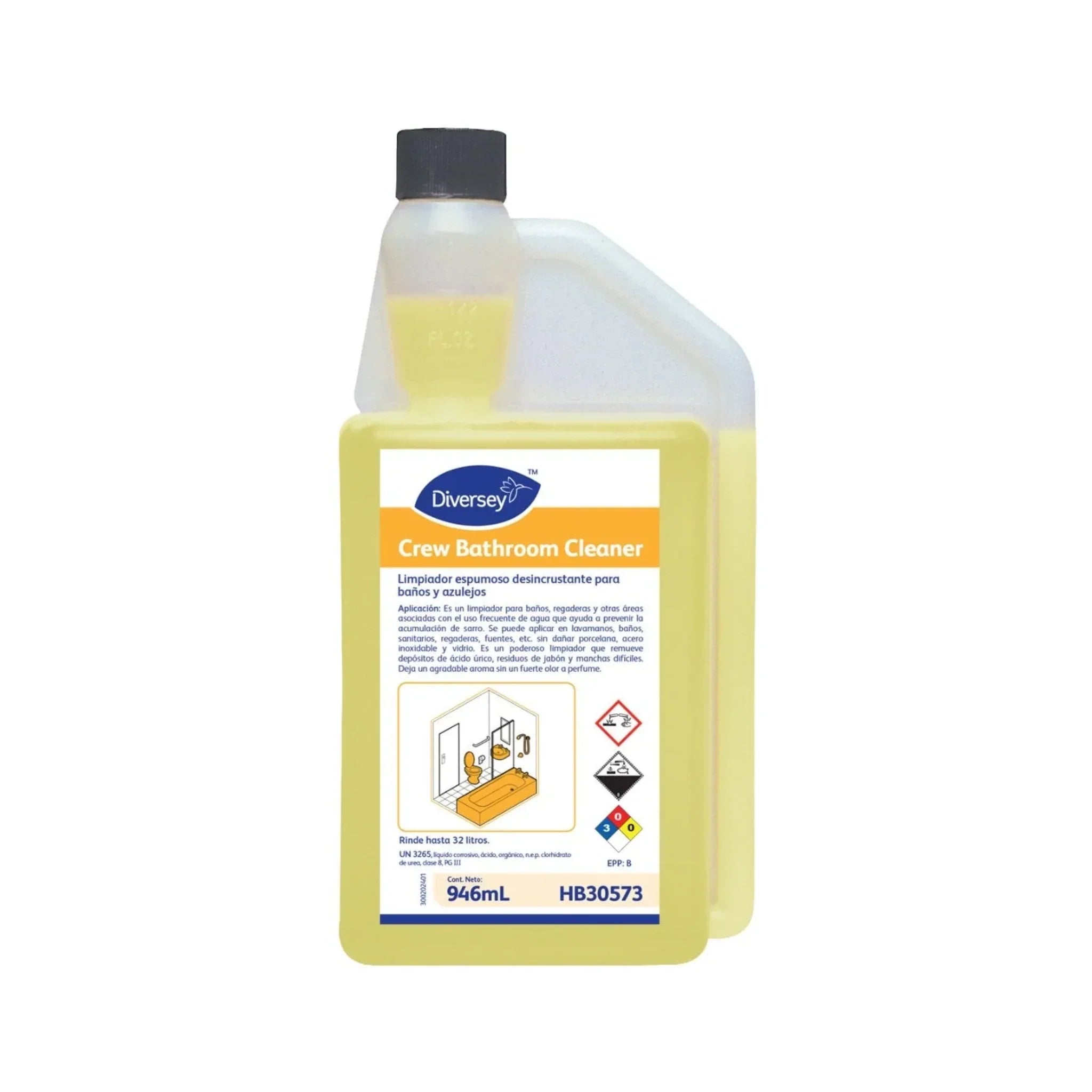 Botella del sistema Accumix de 946ml del limpiador espumoso para baños Crew Bathroom Cleaner de Diversey.
