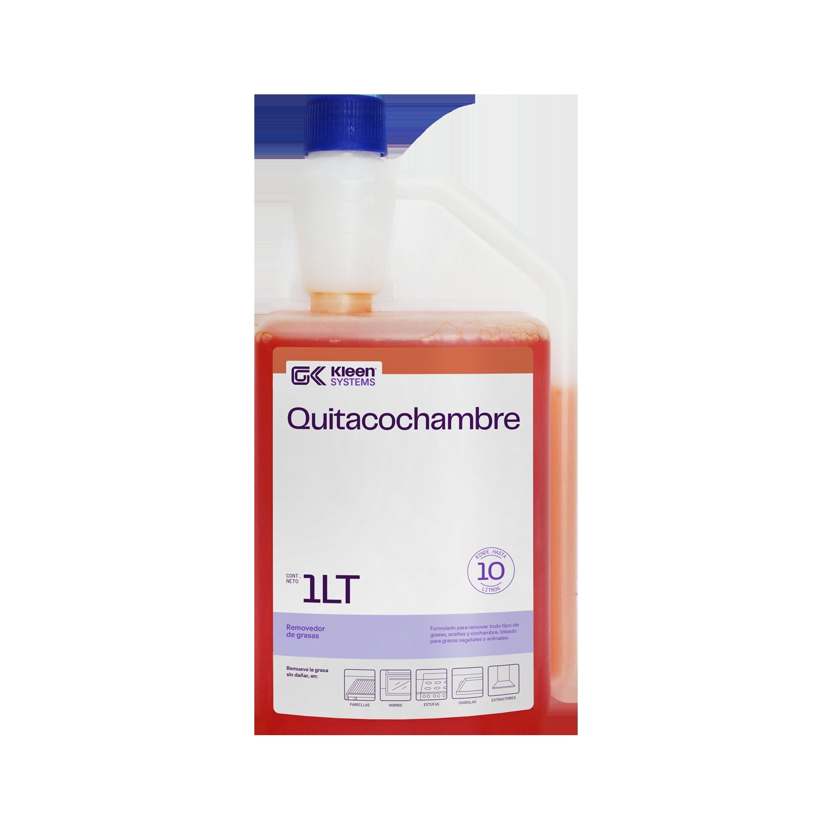 Formulado para remover todo tipo de grasas, aceites y cochambre en: parrillas, charolas, campanas, hornos, estufas. No daña las superficies. No es agresivo al usuario. Mejor desempeño a 60°C