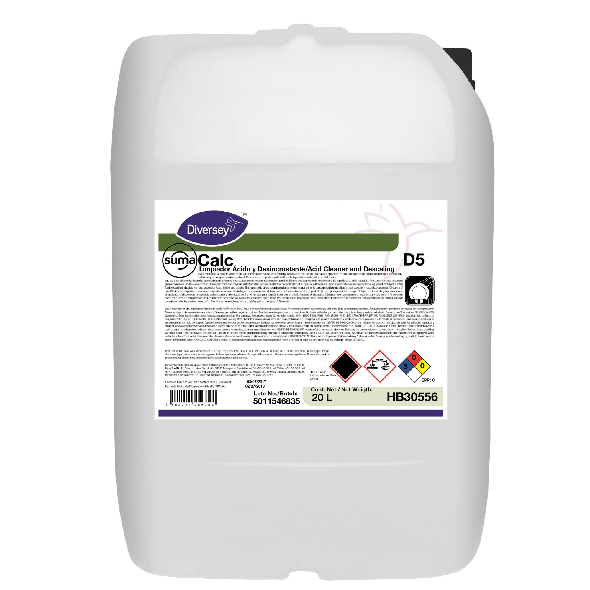 Limpiador Ácido Desincrustante Suma Calc Diversey 1x20 L