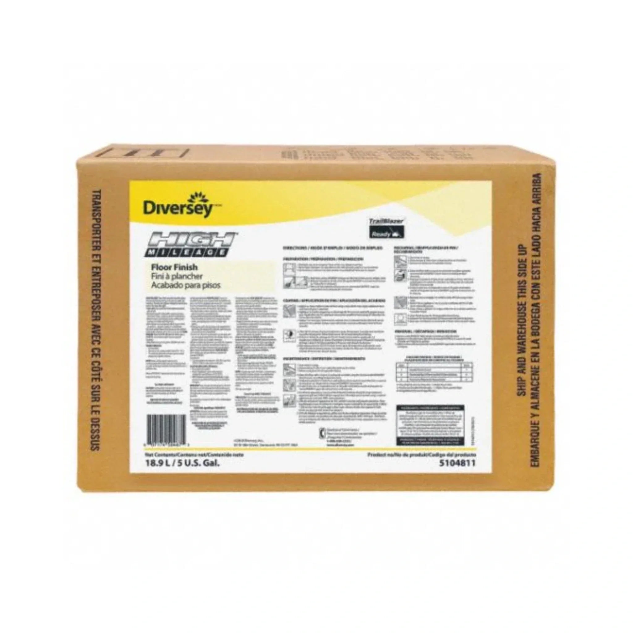 Caja o BIB (Bag-in-Box) de 18.9L del acabado para pisos de alto tráfico High Mileage de Diversey.