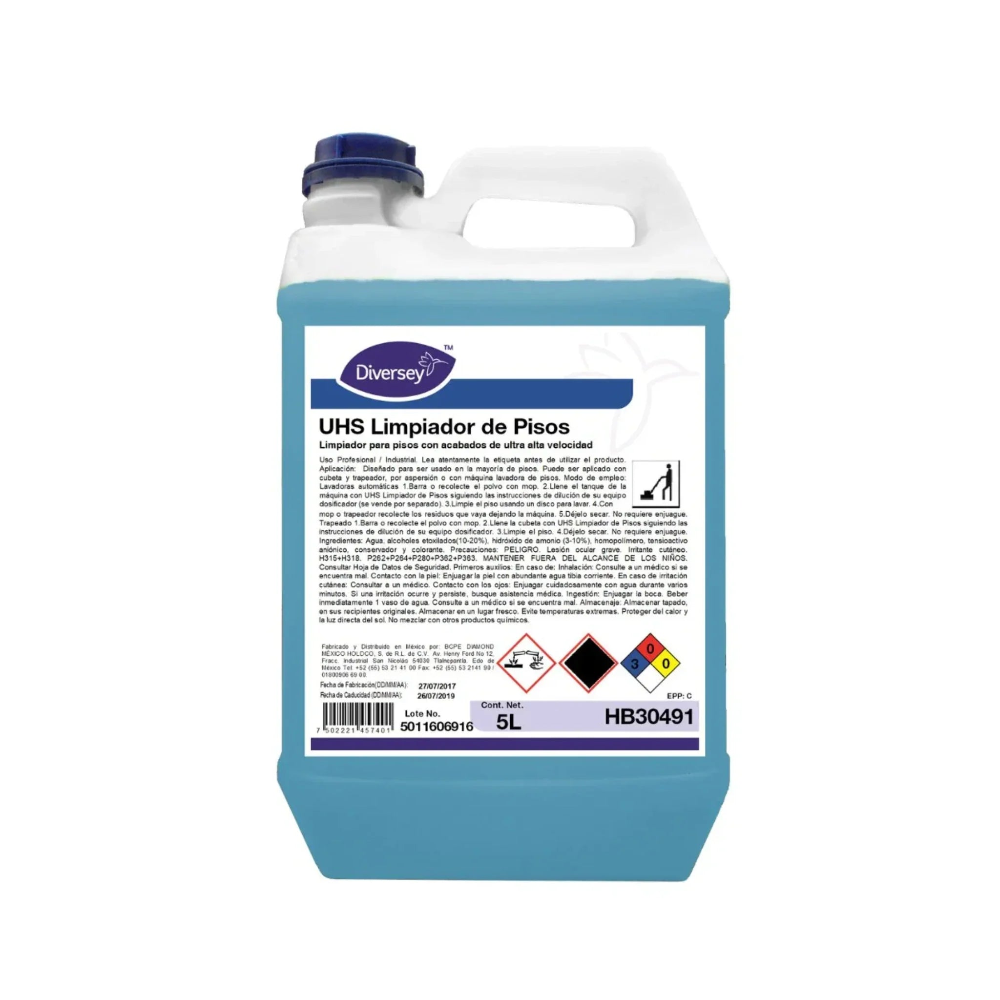 Envase de 5L del Limpiador de Pisos UHS de Diversey, diseñado para acabados de ultra alta velocidad.