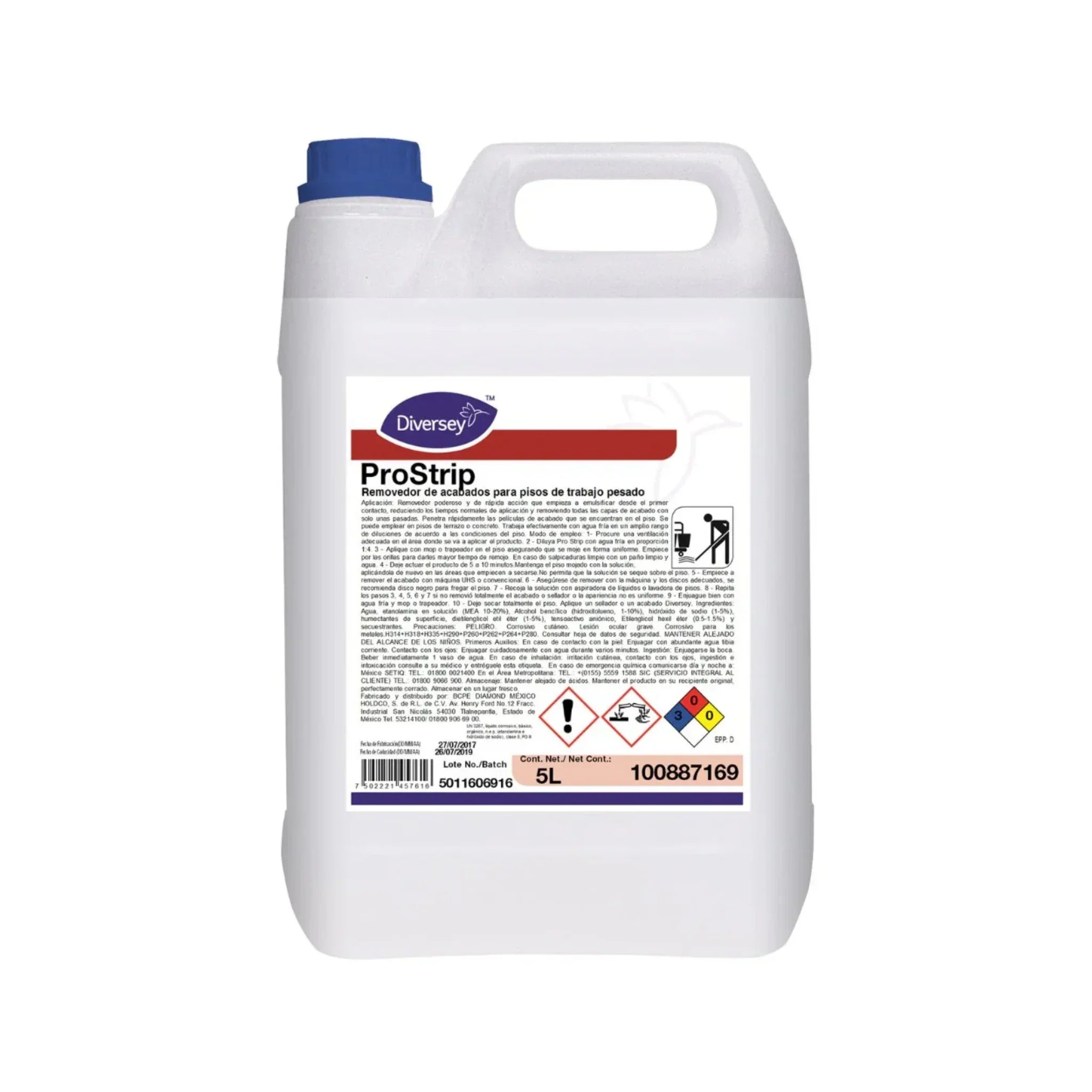 Envase de 5L del removedor de acabados para trabajo pesado Pro Strip de Diversey.