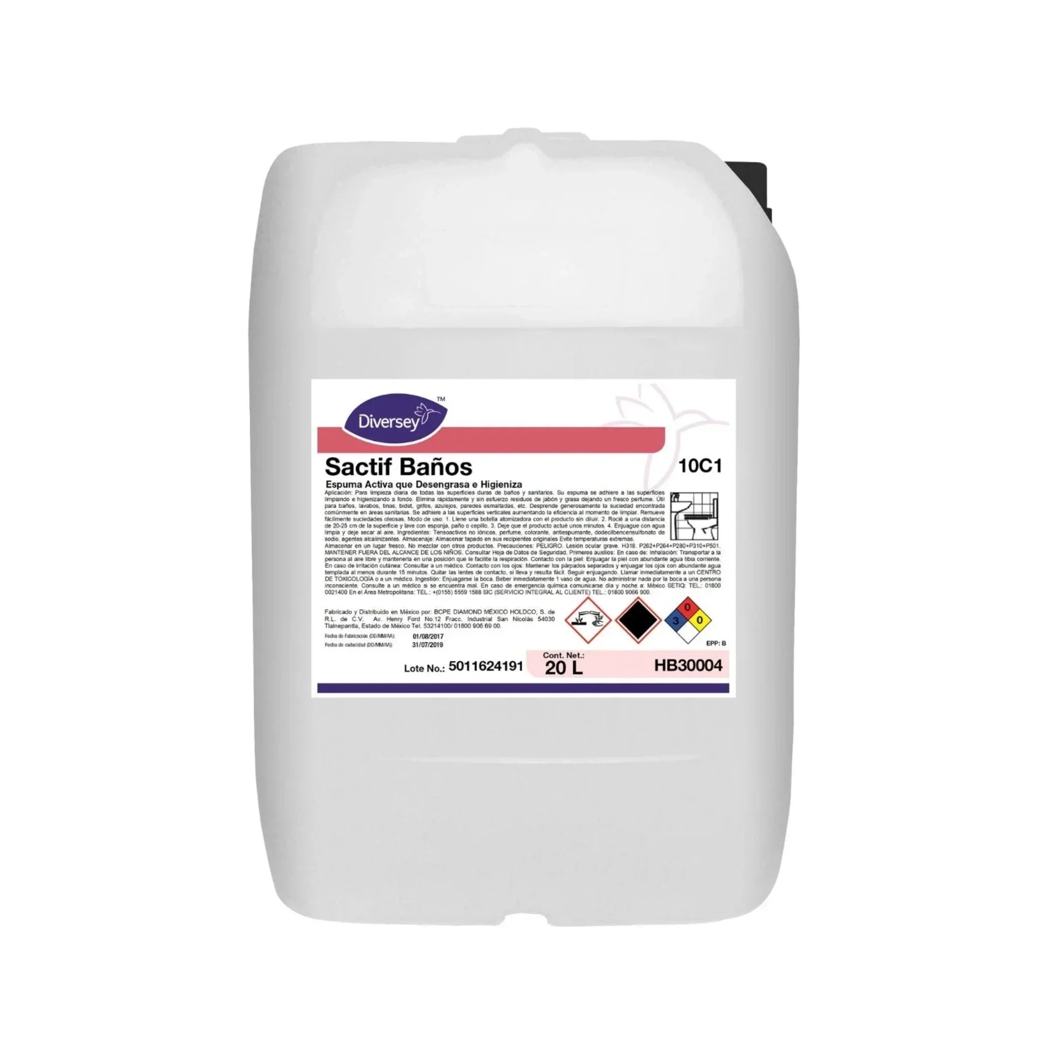 Bidón de 20L del limpiador en espuma para baños Sactif Baños de Diversey.