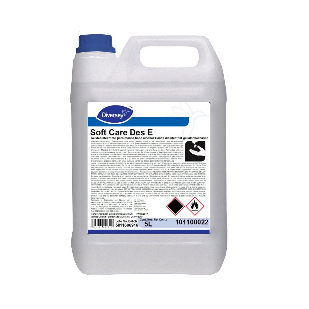 Envase de 5 litros del gel desinfectante para manos Soft Care Des E (código 101100022).