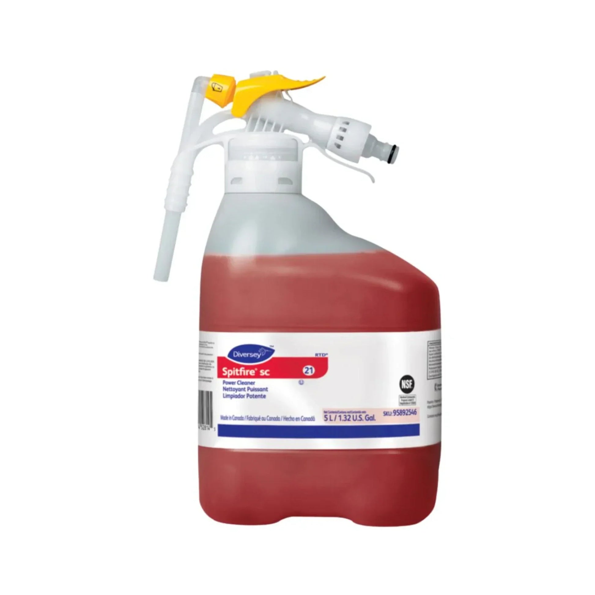 Botella J-Flex del limpiador de alto poder Spitfire de Diversey, mostrando el líquido rojo y la conexión para el dosificador.