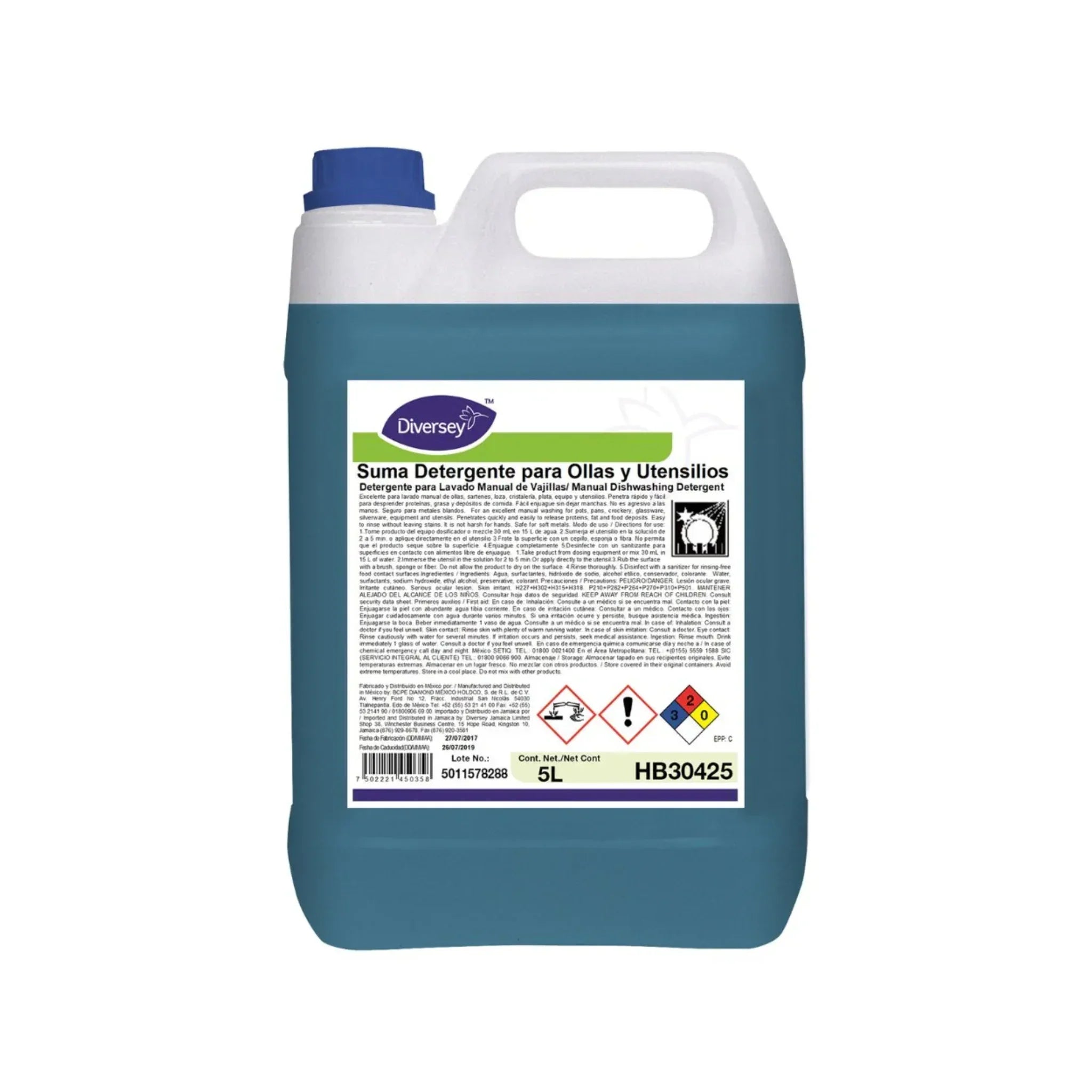 Envase de 5L del detergente concentrado para lavado manual Suma Detergente de Ollas y Utensilios de Diversey.