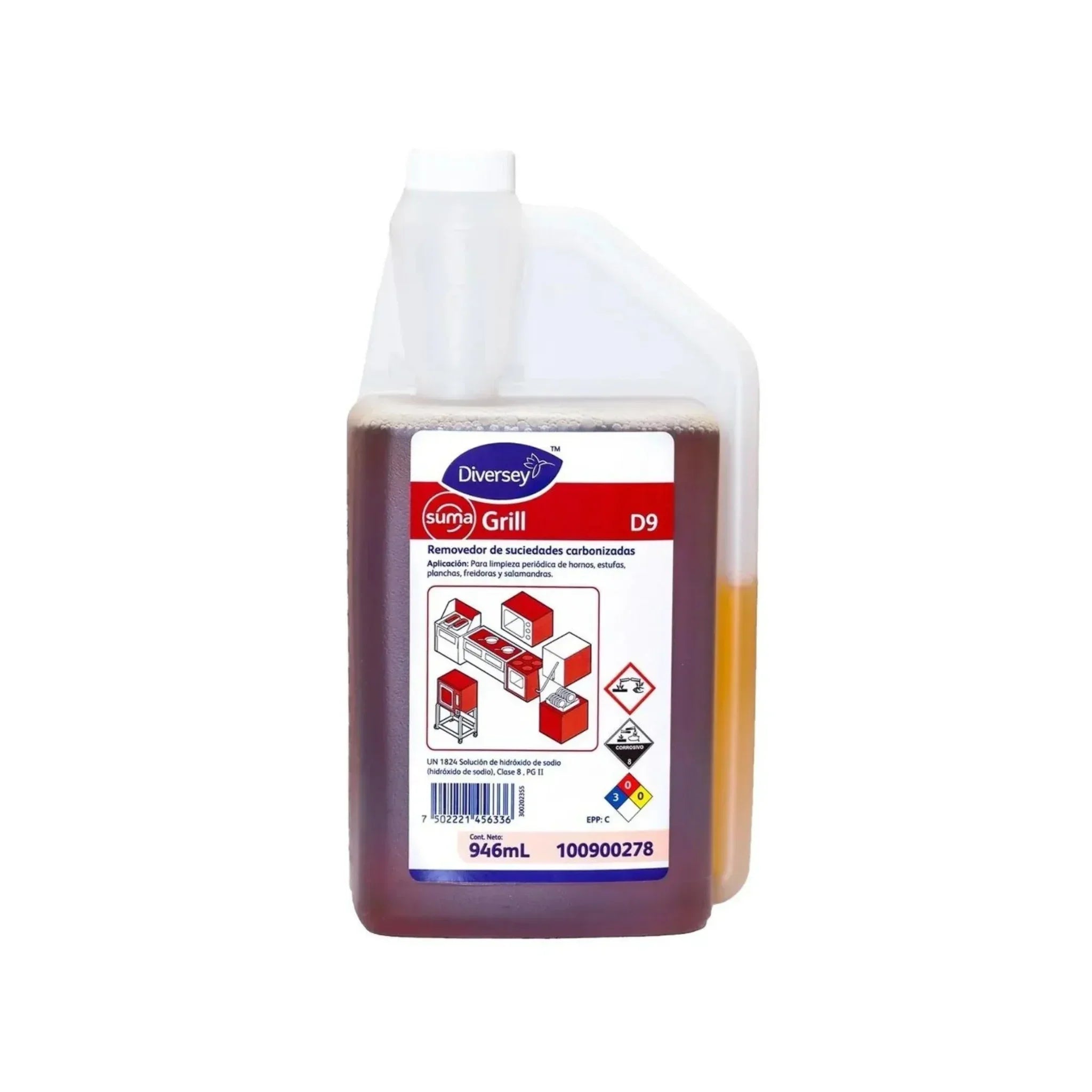 Aplicación de Suma Grill D9 sobre la superficie de una plancha de cocina con cochambre y grasa quemada.