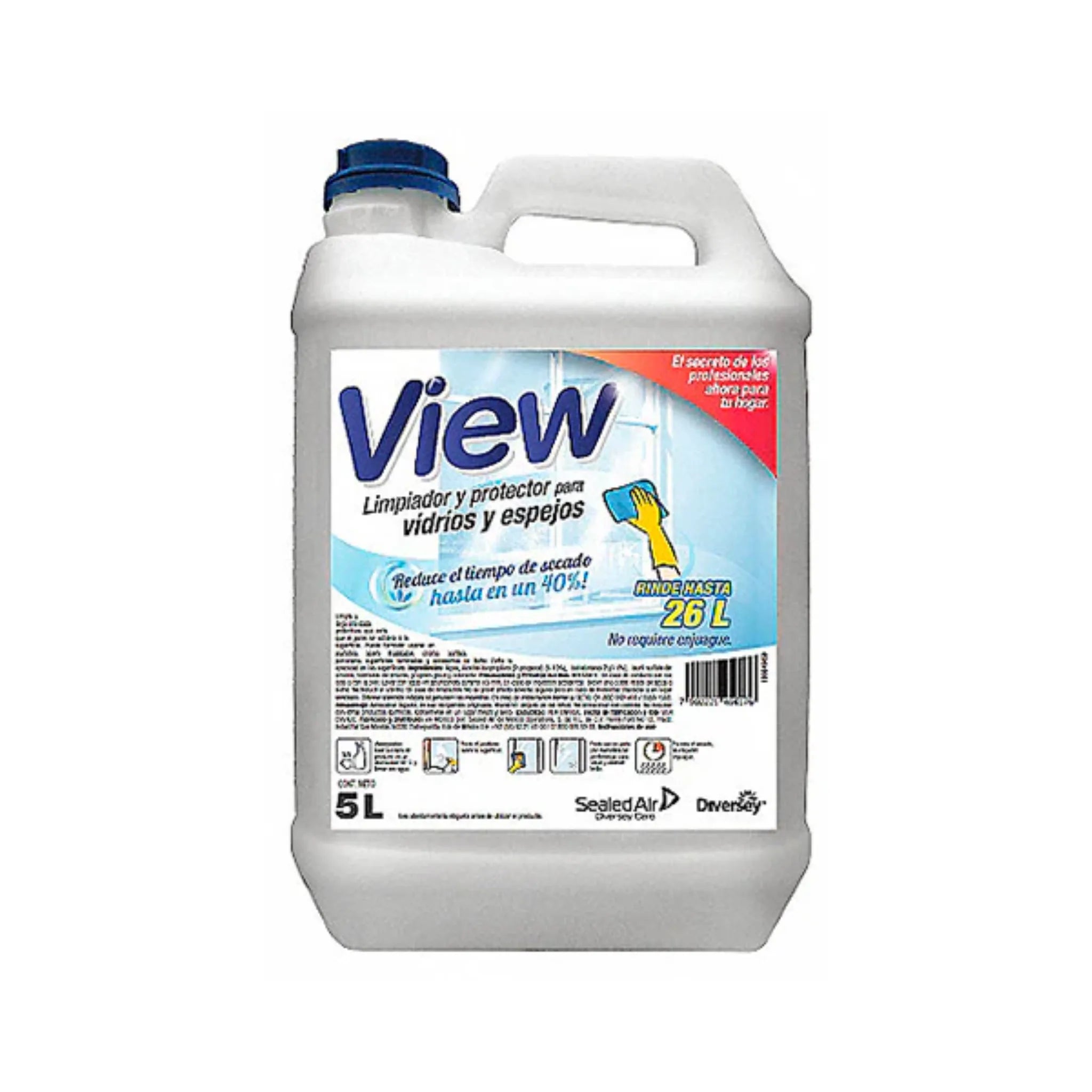 Envase de 5L del limpiador y protector para vidrios y espejos, View, de la línea LEM de Diversey.