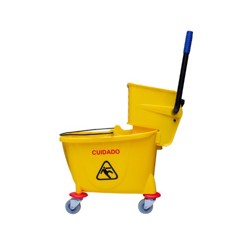 oval-cubeta-exprimidor-32l-amarillo.peng: Cubeta con exprimidor de 32 litros de la marca Oval, en color amarillo, con 4 llantas