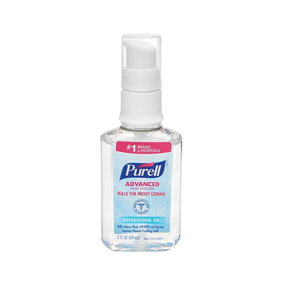 purell-gel-sanitizer-avanzado-59ml.jpg: Botella de PURELL Advanced Hand Sanitizer Gel de 59 ml, mostrando su color transparente y etiqueta