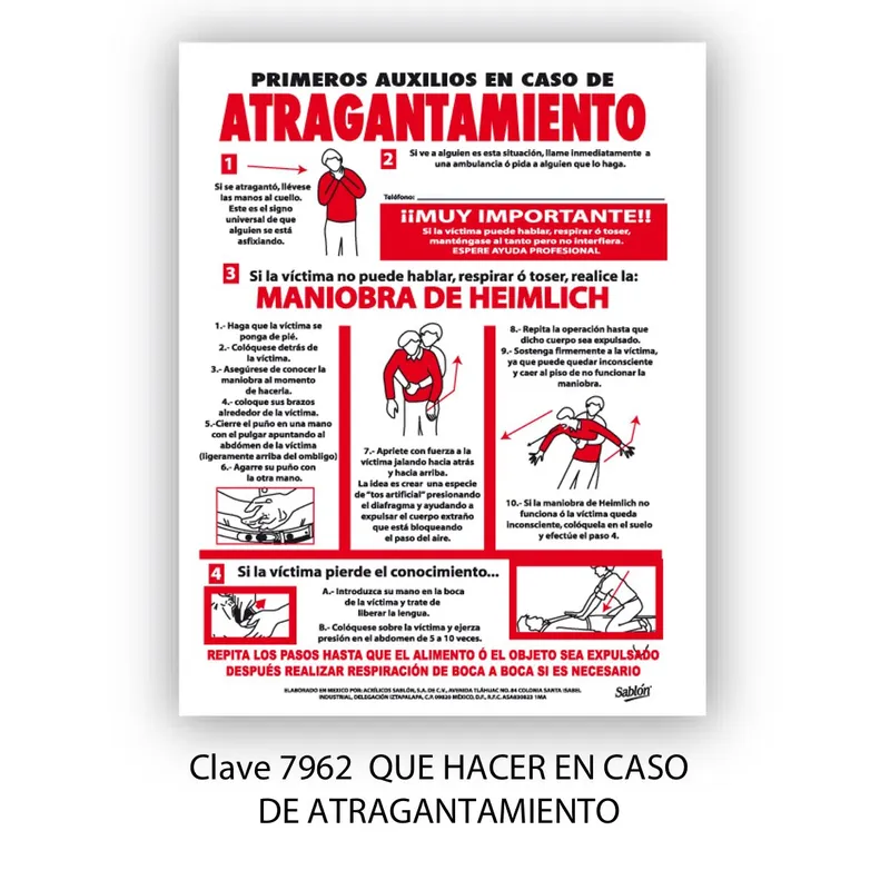 Señal de atragantamiento | Maniobra Heimlich — Pósters de Aviso en Lámina de Estireno — Visibilidad de 0 a 16 metros