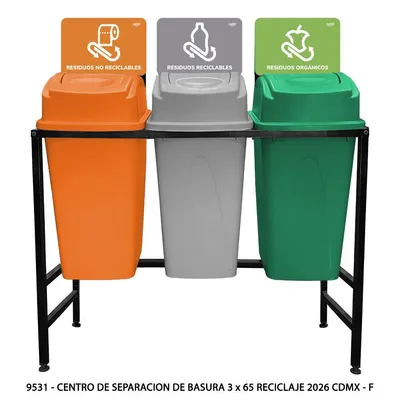 Centro de Separacion de Basura — 65 Litros — Reciclaje 2026 Cdmx — Verde, Gris y Naranja