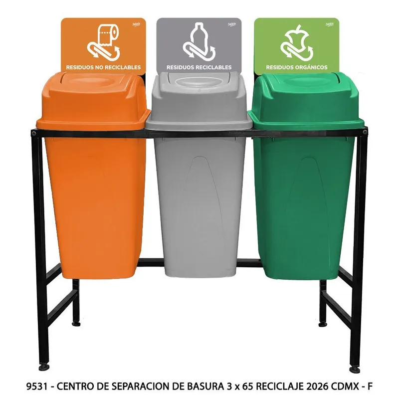 Centro de Separacion de Basura — 65 Litros — Reciclaje 2026 Cdmx — Verde, Gris y Naranja