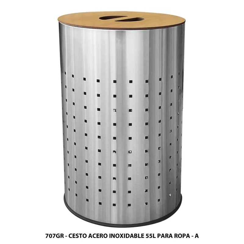 Bote para ropa de acero inoxidable — 55 Litros — Redondo — Con Tapa de Madera