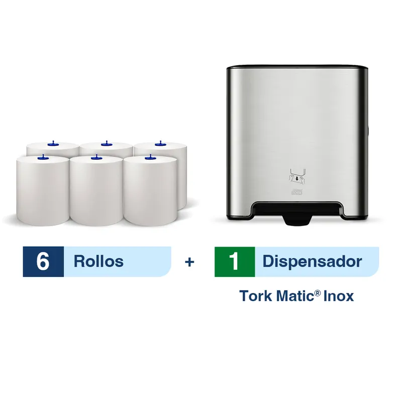 Tork Matic® Dispensador de Toallas en rollo para manos Manual Acero Inoxidable + Caja con 6 Rollos 280 m c/u