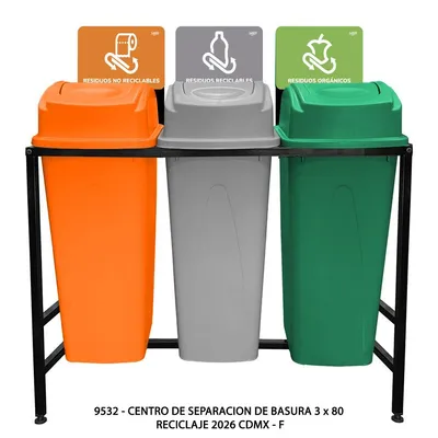 Centro de Separacion de Basura — 80 Litros — Reciclaje 2026 Cdmx — Verde, Gris y Naranja