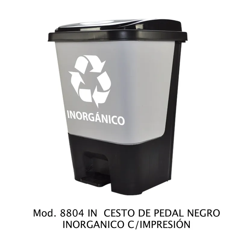 Bote de basura de pedal de 17 litros — Color Negro con Gris con Impresión — Para Inorgánico